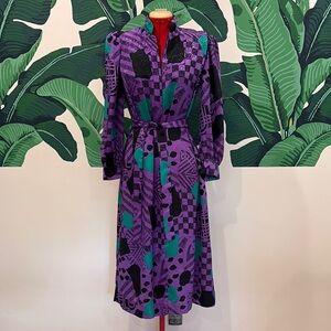 Vintage 1980s Purple and Green Faux Silk Dress